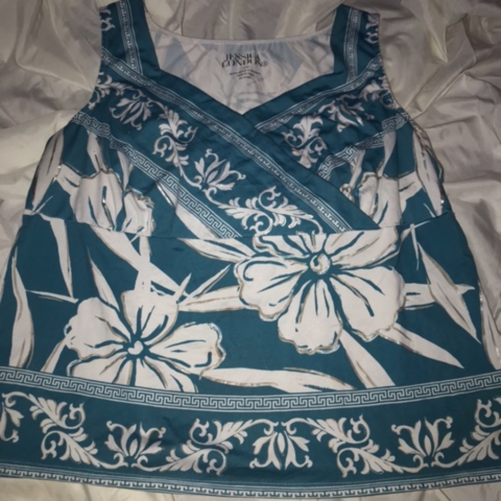 Jessica London Blue and White Floral Wrap Tank Top